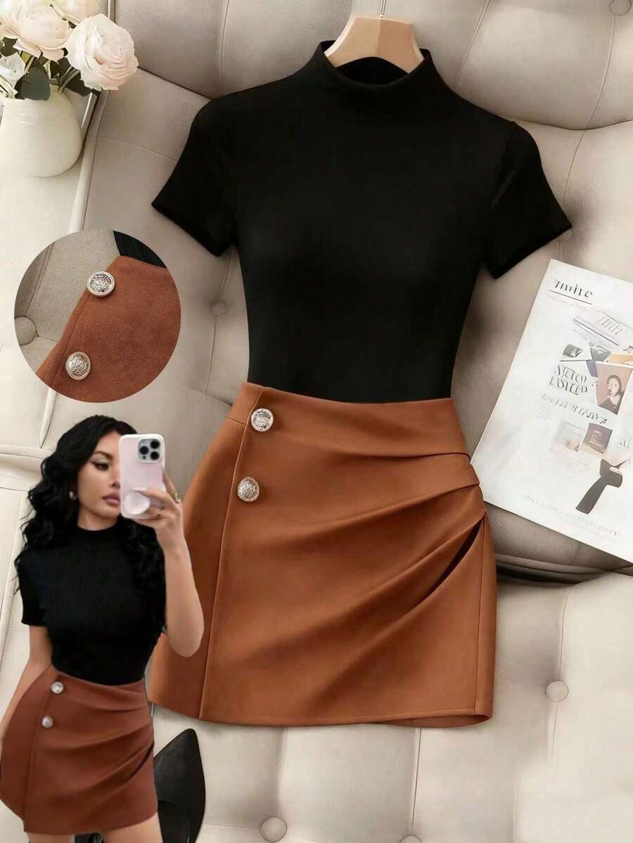 GlowEve CURVE Women's Elegant French Style, Solid Black Round Neck Short Sleeve T-Shirt With Short Pleated Button Decorated Skirt, Casual Summer New 2-Piece Set, Women's Elegant Outfit, Women's Elegant Top, Casual Dress, Women's Casual Top, Spring/Summer Women's Outfit, Spring/Summer Casual Outfit, Women's 2-Piece Set - Multicolor - View 1