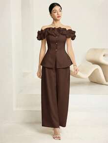 Conjunto de 2 piezas de top con hombros asimétricos y pantalones, elegante y de moda para mujer - Café integral - Ver 5