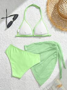 SHEIN Bộ đồ bơi 3 món màu đen dành cho bé gái tuổi teen, thích hợp cho kỳ nghỉ biển, tiệc tùng, mùa xuân/hè. - màu xanh lá - Xem 2