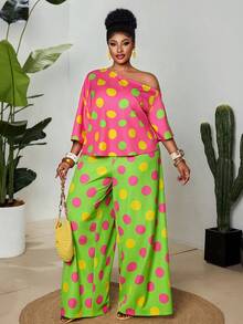 Maweii Blusa holgada de manga acampanada con cuello asimétrico y estampado de lunares amarillo-verde sobre base rosa, para mujer de talla grande. Atuendo casual de primavera/verano - Multicolor - Ver 5