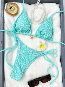 Swim Mod 2pcs/Set Solid Color Sunflower Fabric Triangle Halter Front Chest Fashion Metal Flower Decor Cute Influencer Vacation Bikini Swimwear For Women - Green - View 3