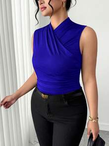 Elenzga Atasan Wanita Ukuran Besar Warna Polos Berlipit dengan Kerah V Silang, Elegan untuk Bepergian - Royal Blue - View 3