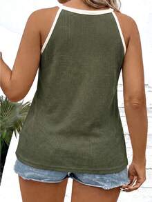EMERY ROSE Nueva llegada Camiseta de tirantes con cuello halter de color contrastante y versátil para mujer de talla grande - Multicolor - Ver 2