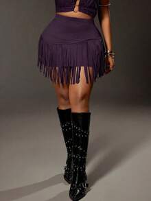 Maweii Plus Size Women's Fashionable Slimming Versatile Party Asymmetrical Tassel Hem Skirt, Suitable For Summer Holiday Outfit - Purple - View 5