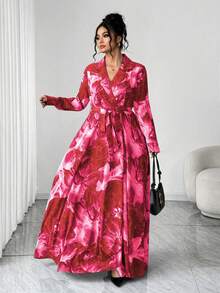 Elenzga 大码女士优雅派对连衣裙，翻领长袖，系带显瘦休闲时尚印花连衣裙，冬季 - 玫紅色 - 查看 6