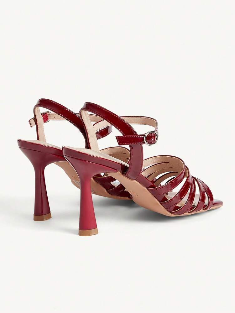 CUCCOO CHICEST Women's High-Heeled Sandals, Glossy Patent Leather Women's Sandals, Burgundy Retro Square Toe, Multi-Layer Thin Horizontal Belt Package On The Forefoot, Metal Round Buckle Adjustment Rear Strap, Thick High-Heeled Stable Model, Daily Commuting/Dating/Light Banquet Versatile Open-Toed Shoes Summer Shoes