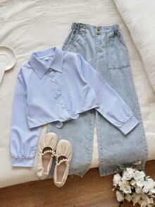SHEIN Vintaside Kids Áo sơ mi cổ bẻ kẻ sọc hồng trắng kiểu dáng preppy dành cho bé gái tuổi teen, thích hợp cho các hoạt động thường ngày, đi học, gặp gỡ bạn bè, dự tiệc, và cả ngày Valentine. - Nhiều màu - Xem 1