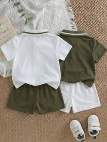 SHEIN 2套/4件 0-3歲嬰幼兒白色夏季短袖POLO衫套裝 寬鬆休閒海灘運動服 嬰兒戶外活動外套 - 軍綠色 - 查看 2