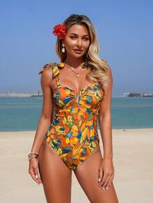 Swim Lushoire 1pc Women's Floral Random Print Sexy V-Neck One-Piece Swimsuit - Yellow - View 4