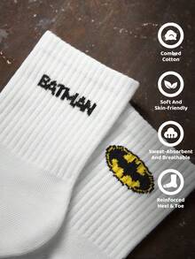 BATMAN X SHEIN 2雙純棉柔軟透氣吸汗筒襪，男童與兒童款，白色可愛卡通圖案，加強襪身與腳跟，耐穿，四季皆宜，適合學校與戶外活動 - 白色 - 查看 2