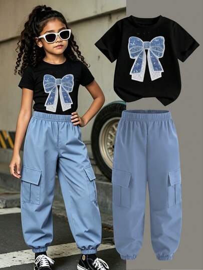 SHEIN 2pcs/Set Young Girl Casual Short Sleeve Round Neck T-Shirt Paired With Cargo Pants, Cute Bow & Butterfly Print Design, Suitable For Summer, Spring & Autumn Girl Outfit