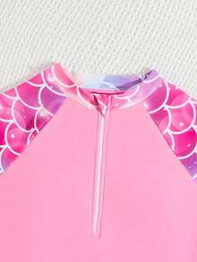 SHEIN GraphicGems Tween Girl 2 Pieces Pink Mermaid Fish Scale Print Rash Guard Set,Cute Summer Half-Zip Front Swim Shirt And Shorts Swimwear For Beach,Pool,Holiday - Pink - View 3
