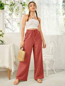 SHEIN Essnce 女士时尚百搭纹理腰带抽绳口袋休闲裤 - 紅木色 - 查看 5