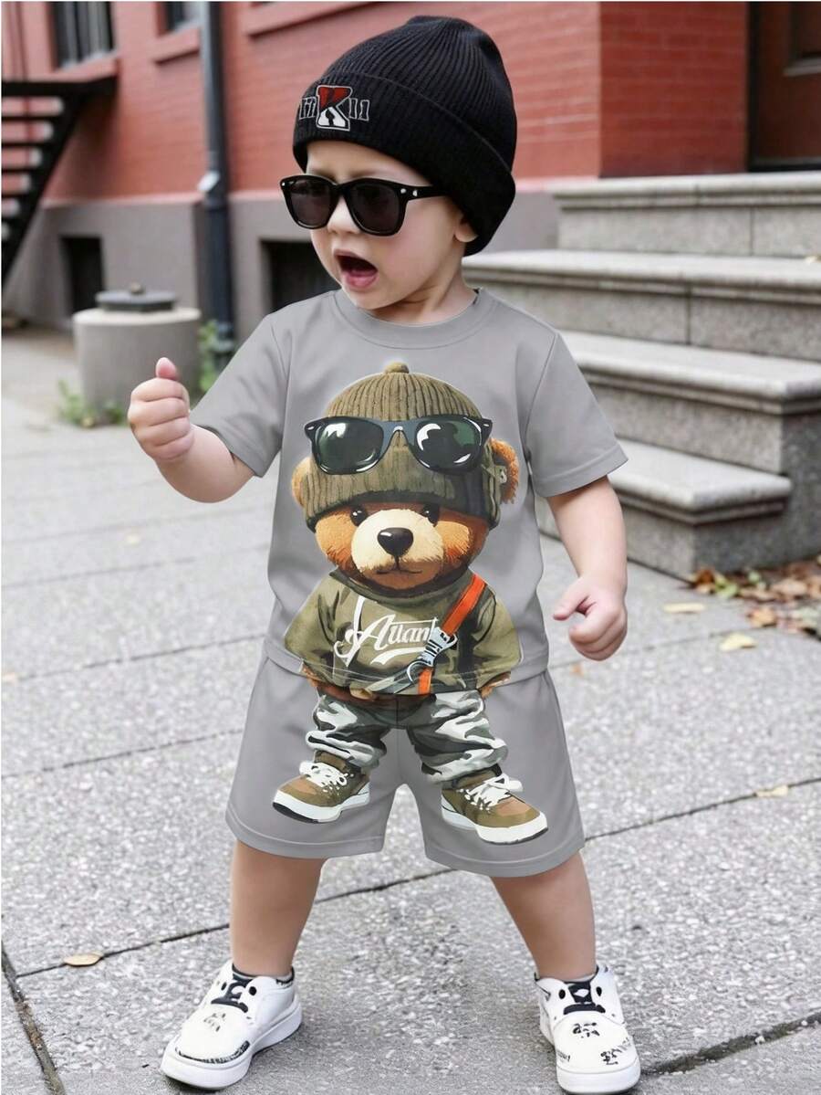 SHEIN Playful Pals 男婴幼儿可爱卡通动物汽车印花短袖上衣和印花短裤套装,适合春夏外出和日常穿着 - 灰色 - 查看 1