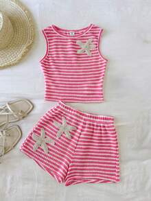 SHEIN Tween Girl Casual Comfortable Round Neck Sleeveless Starfish Decor Striped Tank Top And Shorts 2-Piece Set - Hot Pink - View 1