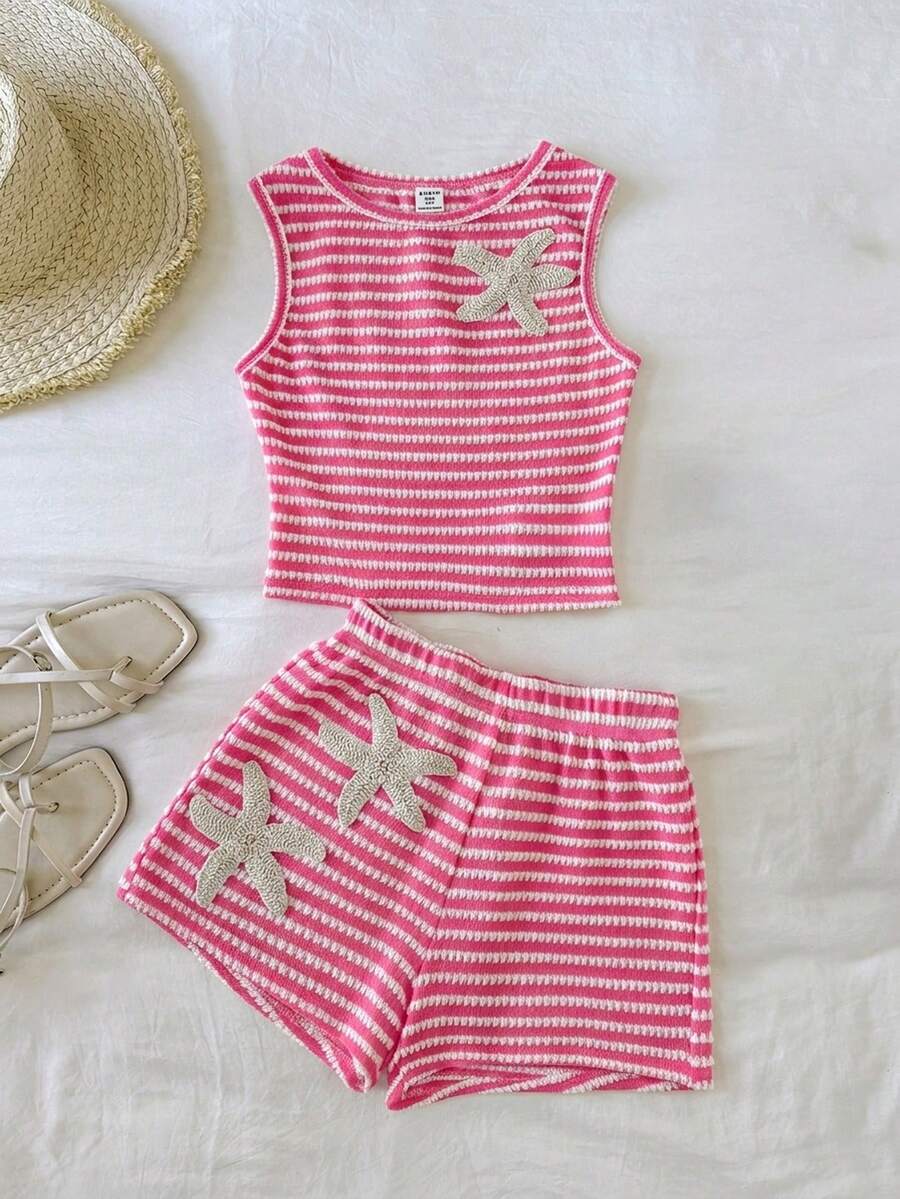 SHEIN Tween Girl Casual Comfortable Round Neck Sleeveless Starfish Decor Striped Tank Top And Shorts 2-Piece Set - Hot Pink - View 1