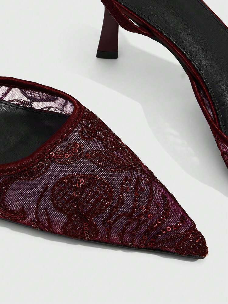 CUCCOO SZL Women's Embroidered Mesh Design Pointed Toe Asymmetric Heel High Heels, Romantic Elegant Stylish Mesh Pumps With Exposed Heel For Formal Occasions, Dates, Afternoon Tea, Weddings, Parties, Valentine's Day Spring Shoes