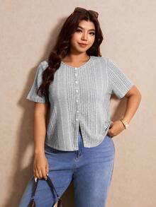 Elaquor Plus Size Women's Solid Color Single-Breasted Casual Versatile Daily Wear Short Sleeve T-Shirt - Grey - View 6