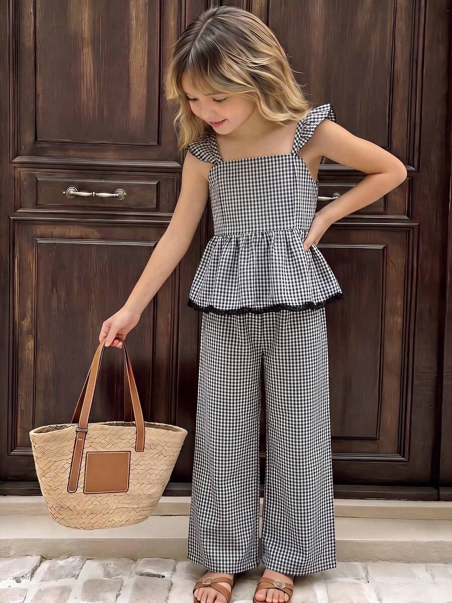 SHEIN Bộ 2 món cho bé gái, gồm áo hai dây dệt kẻ caro có thêu viền và quần ống đứng dệt kẻ caro, trang phục mùa hè thích hợp cho mặc hàng ngày, đi nghỉ mát và dã ngoại. - màu đen - Xem 1