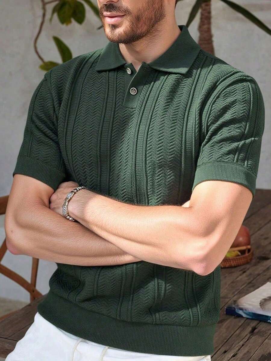 Manfinity Mode Camisa tipo polo de manga corta y cuello casual de punto llana para hombre - Verde - Ver 1