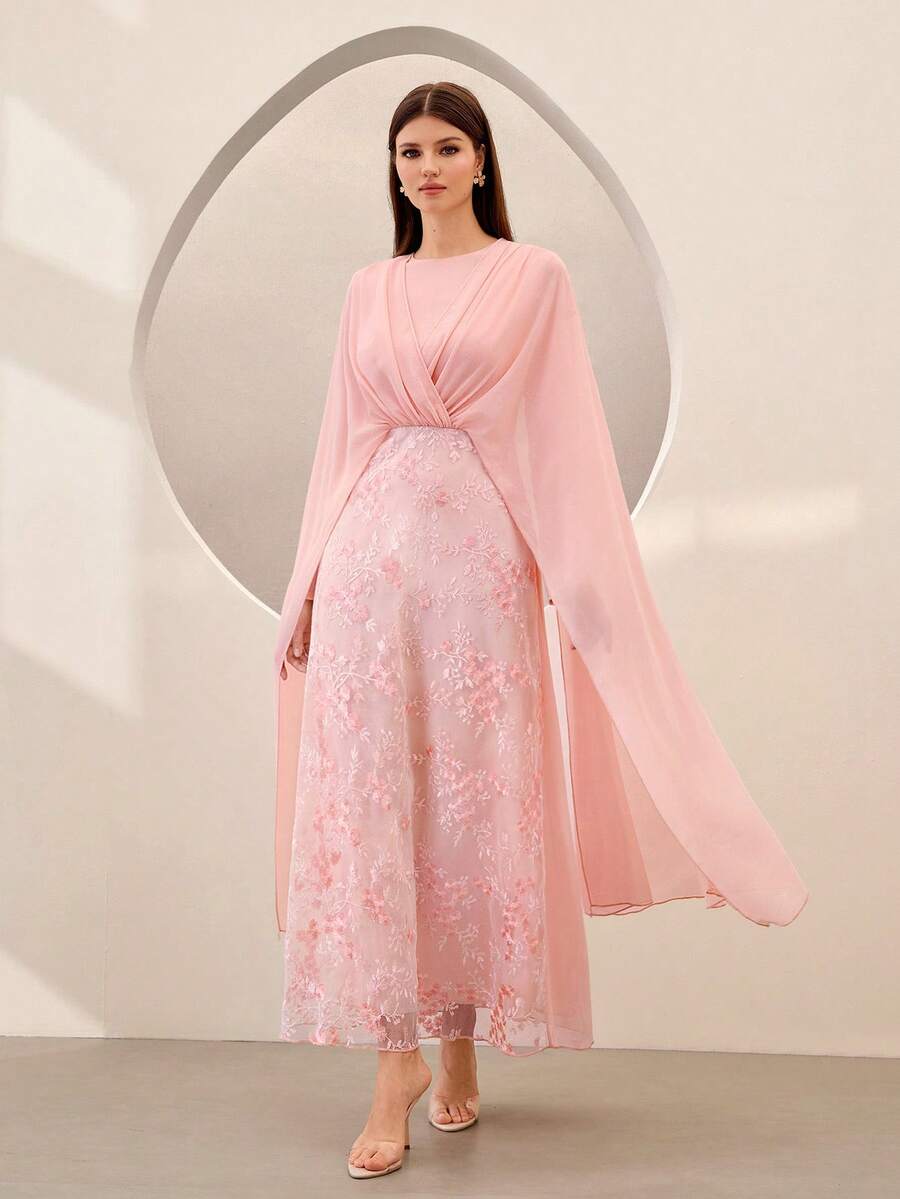 Graceveil Đầm dài thanh lịch bằng chiffon và lưới thêu dành cho nữ, màu hồng. - Hồng - Xem 1