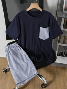2pcs/Set Boys' Summer Casual Sports Outfit,Navy Blue T-Shirt & Striped Shorts,Back-To-School School Daily Wear,Elastic Waist Comfortable Fashionable - Navy Blue - View 1