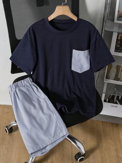 2pcs/Set Boys' Summer Casual Sports Outfit, Navy Blue Base With Blue & White Striped T-Shirt And Loose Shorts With Side Stripe Decor, Elastic Waist, Versatile For Daily Wear, Comfortable And Fashionable