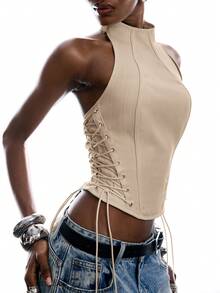 LYSMO 2026 Nueva Top Casual Versátil sin Mangas con Lazo de unicolor Minimalista para Mujeres, Adecuada para Citas y Salidas, Caqui - Caqui - Ver 6