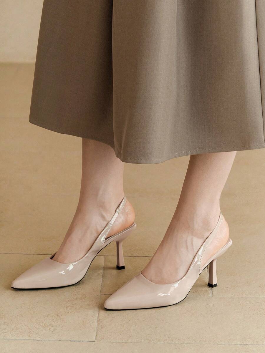 Alvarani Women's Pointed Toe Stiletto Mid-Heel Leather Nude Slingback Office
