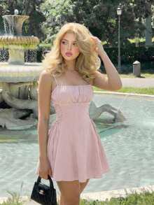SHEIN MOD Vestido de mujer de unicolor con pliegues en el busto, atado a los lados y tirantes de espagueti - Rosa Pálido - Ver 1