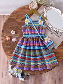 SHEIN Genkimix Kids 女童休闲可爱无袖连衣裙，女童春夏优雅连衣裙，饰有3D花朵和包包图案，针织提花面料，适合日常和户外穿着。 - 彩色 - 查看 5