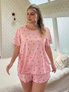 CottageSlumber Plus Size Women Plaid Cherry Print Rolled Hem Short Sleeve Shorts Pajama Set - Pink - View 7
