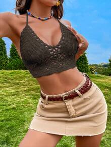 Breezaya Women's Solid Color Halter Tie Casual Versatile Daily Wear Knit Top - Coffee Brown - View 4