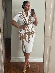 SHEIN Lady Plus Size Women Plant Pattern Shawl Collar Short Sleeve Jacket And Mini Skirt Elegant Suit Set - Khaki - View 2