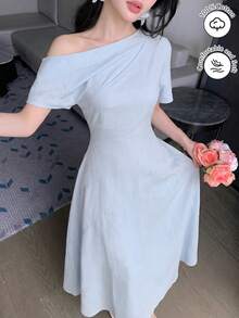 Modelyn Elegant Asymmetric Neck Short Sleeve Baby Blue Cotton Fitted Flared Dress, Fashionable For Summer Tea Party - Baby Blue - View 7