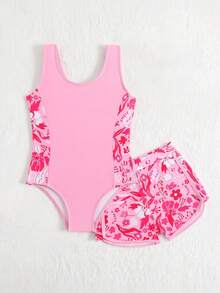 SHEIN Baju Renang Terusan dan Celana Pendek Motif Bunga untuk Anak Perempuan, Cocok untuk Liburan Pantai, Pesta Kolam Renang, dan Pesta Pantai. - Baby Pink - View 5
