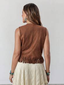 Wildy Damen weiße Blumen Sommer Boho Urlaub Western Country Musik Festival bestickte Quasten ärmellose Weste Hemd, lässige braune Basics, Konzert - Kaffeebraun - Übersicht 2