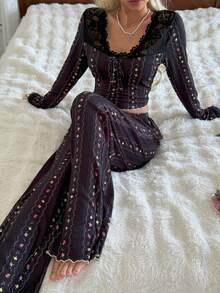 SHEIN Conjunto de pijama de mujer con encaje de estampado floral diminuto - Negro - Ver 4