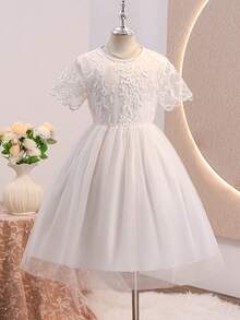 Girls White Mesh Lace Dress,Round Neck Cap Sleeve Textured Waist Elegant Summer Princess Dress,Suitable For Wedding Flower Girl Formal,Parties - White - View 9