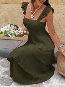 Serisse Vestido elegante de unicolor con cuello cuadrado y mangas cortas para vacaciones - Verde Oliva - Ver 3