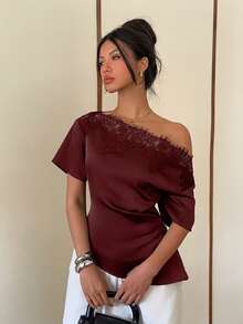SHEIN PETITE CURVE Plus Size Summer Elegant Solid Color Contrast Lace Asymmetric Neck Cinched Waist Blouse - Burgundy - View 6