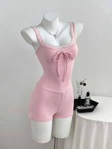 Elamini Women's Contrast Lace Front Tie Romper Night Out Date Night Soft Pink Summer Cute - Pink - View 4