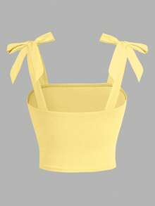 Tween Girl Elegant Solid Fitted Sweet Bow-Knot Tie Shoulder Side Ruched Cami Tank Top - Yellow - View 2