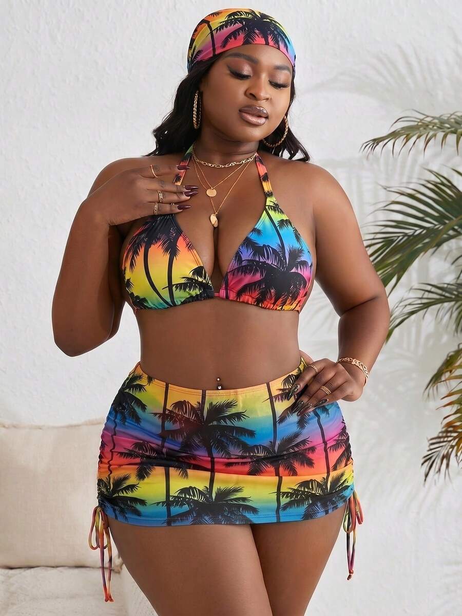 Slaydiva 大码随机印花挂脖三件套泳衣套装,4件装 - 彩色 - 查看 1