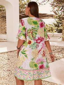 EMERY ROSE Plus Size Women's White Summer Boho Beach Holiday Floral Print Ruffle Sleeve Pullover Kaftan Dress,Vacation Cruise Tropical Daily Casual Outfits - Multicolor - View 2