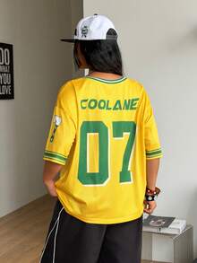 Coolane 女士加大码春夏街头风 Y2K 豹纹数字图案橄榄球球衣 V 领棕色球衣 T 恤 - 黃色 - 查看 4