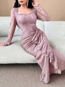Feyla New Lace Waist Ruffle Dusty Pink Cinched Waist Elegant High-End Party Dress Autumn - Pink - View 4