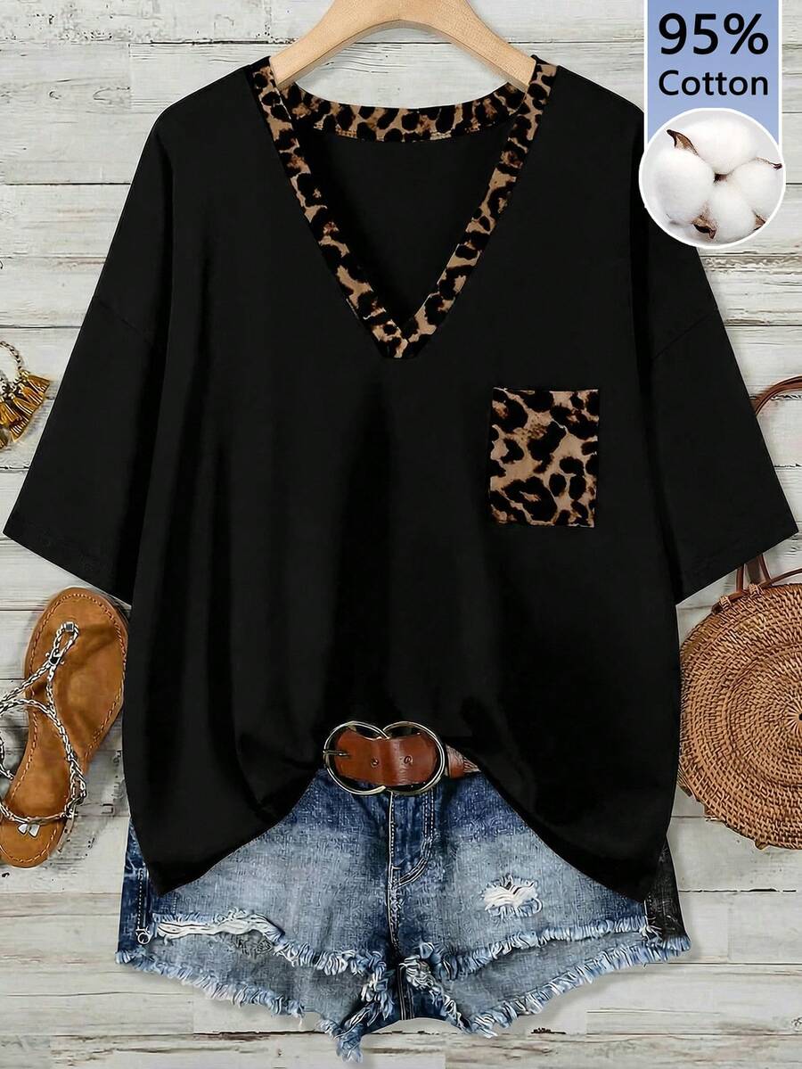 EMERY ROSE Casual Minimalist Leopard Print Contrast Color Loose V-Neck Cotton T-Shirt For Plus Size Women, Black Top Suitable For Summer - Multicolor - View 1