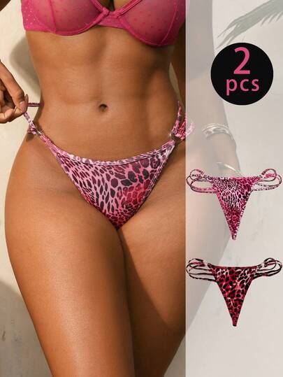 Bare Chapter 2pcs Sexy Women's Criss-Cross Hollow Leopard Print Thong Panties
