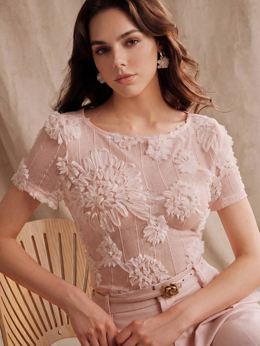 Anewsta Delicate French Style Pink 3D Floral Jacquard Short Sleeve Elegant T-Shirt For Women, Suitable For Dates And Commuting, Spring/Summer